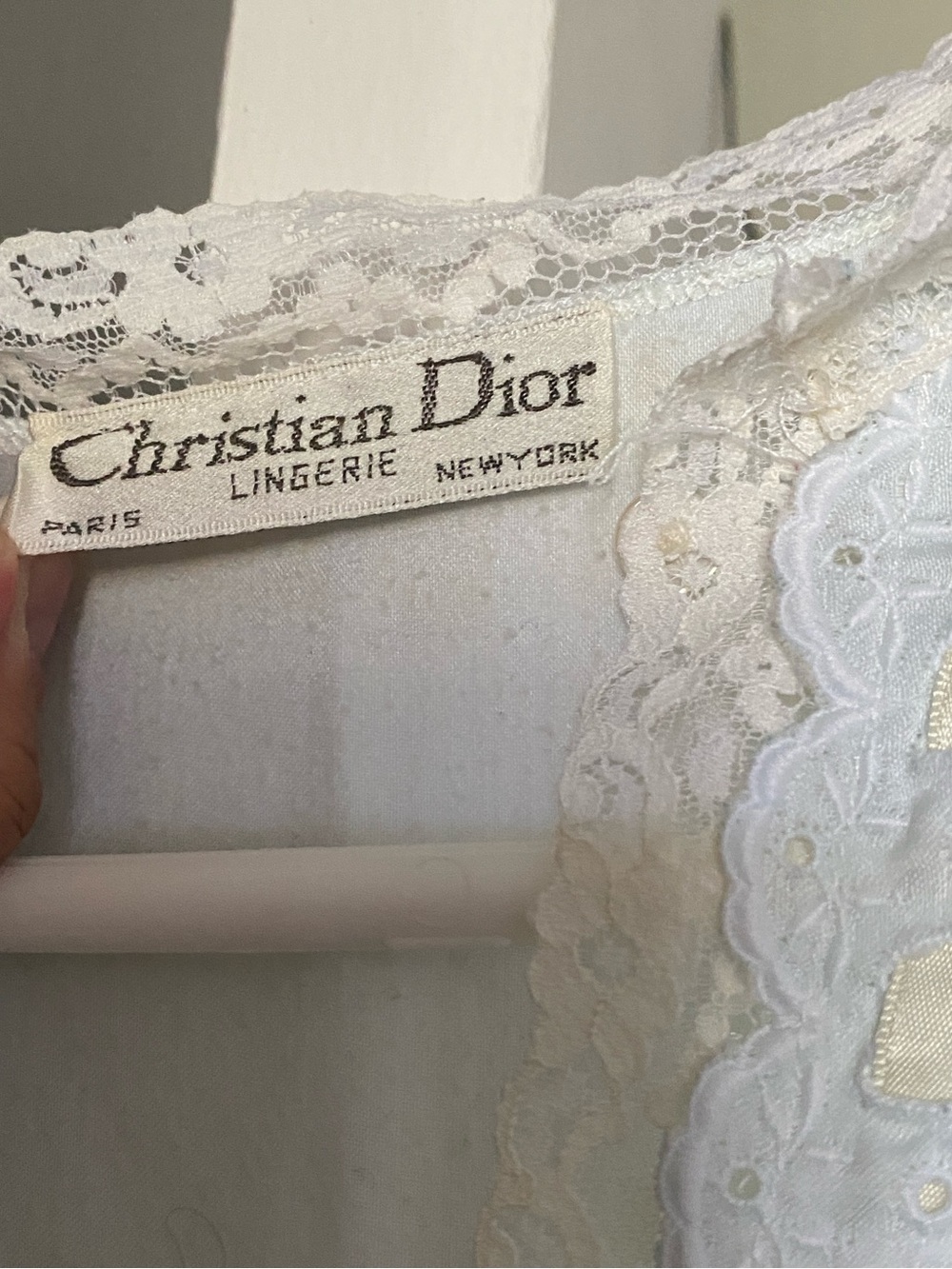 Christian Dior White Lace-Trim Nightdress with Cream Ribbon Accents